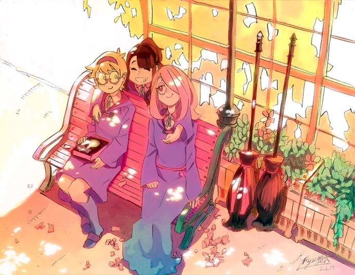 Three witches from Little Witch Academia sitting on a bench