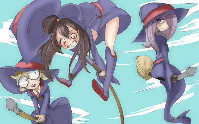 Three witches from Little Witch Academia flying on broomsticks