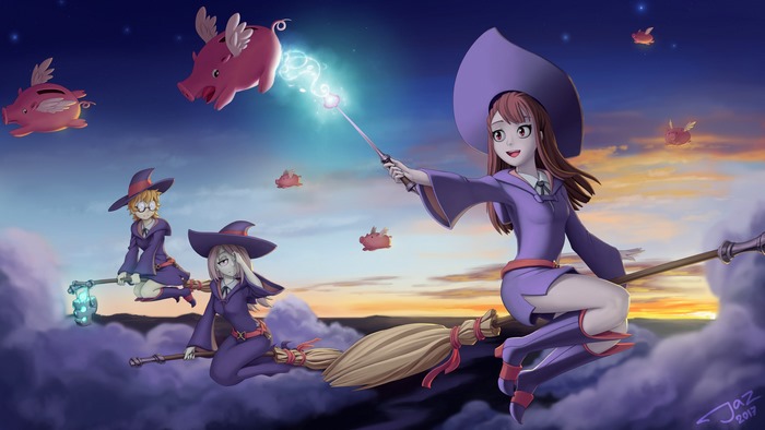 Akko and friends flying on brooms with flying pigs