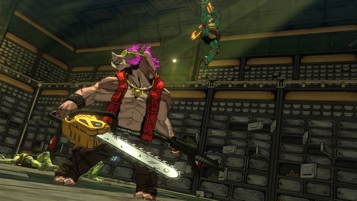 Bebop from TMNT holding a chainsaw and gun