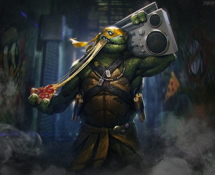 Michelangelo from TMNT holding a boombox and pizza
