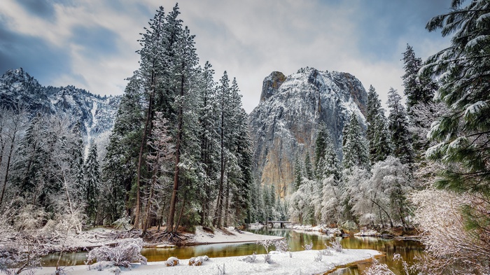 Snowy Yosemite Valley with Merced River and El Capitan