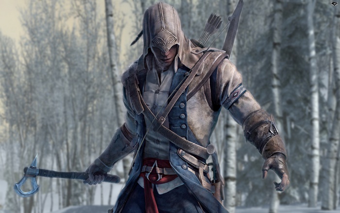 Connor from Assassin's Creed in a snowy forest