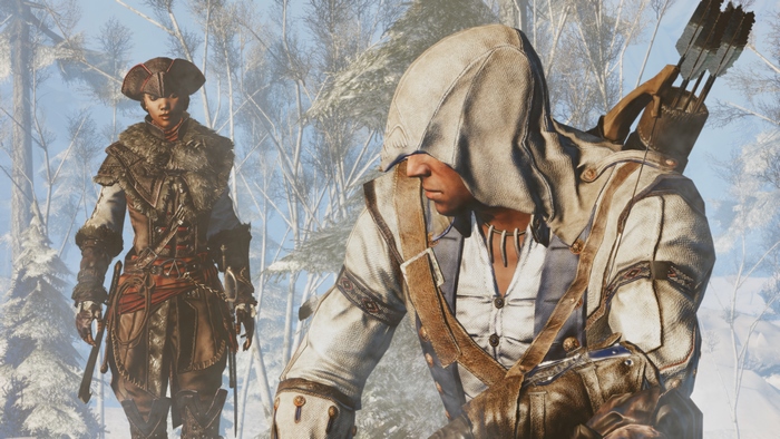 Connor from Assassin's Creed in a snowy forest