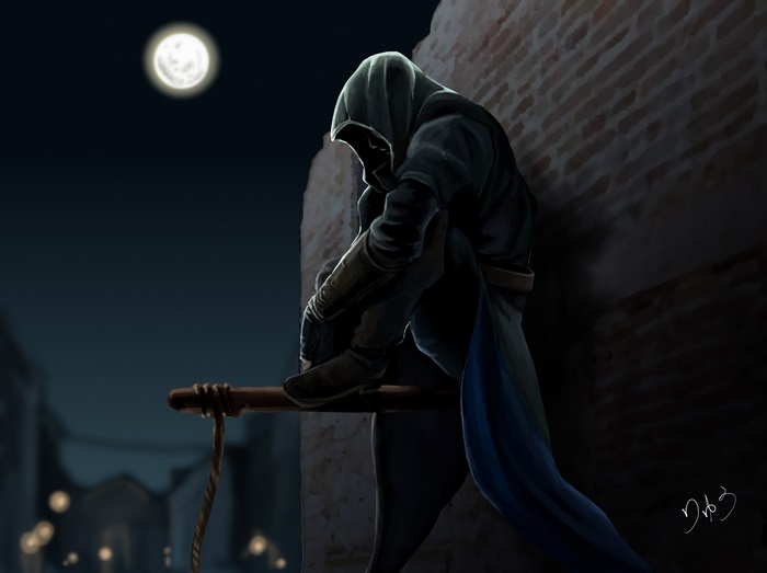 Connor from Assassin's Creed on a rooftop at night