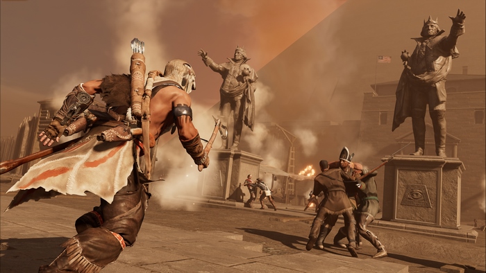 Connor from Assassin's Creed fighting near statues