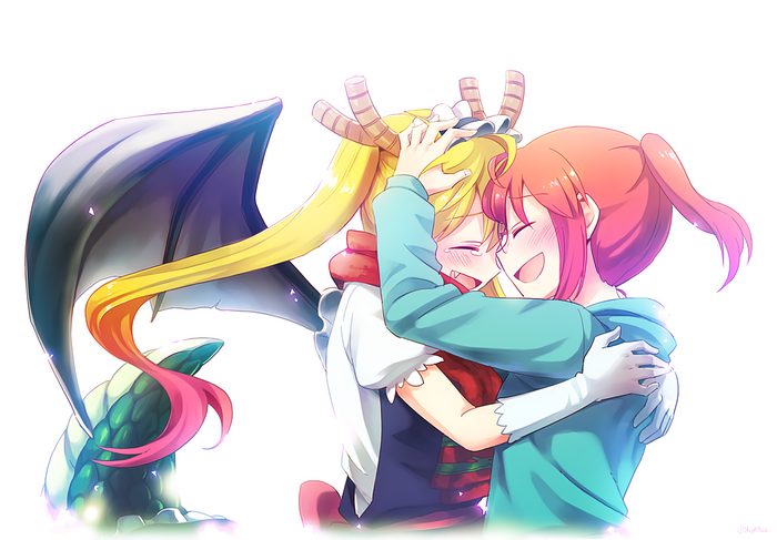 Tohru and Kobayashi from Miss Kobayashi's Dragon Maid hugging