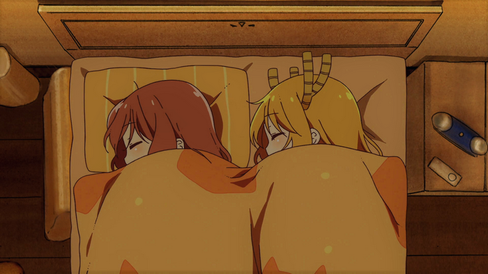 Kobayashi and Tohru sleeping in bed from Miss Kobayashi's Dragon Maid