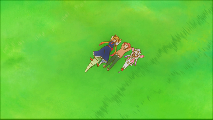 Kobayashi's Dragon Maid characters lying on grass