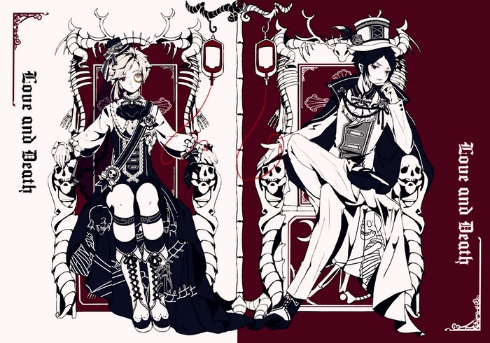 Two figures in ornate chairs with skulls and blood bags