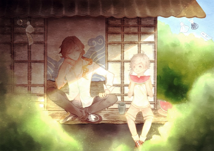 Atsushi Nakajima and a child eating watermelon