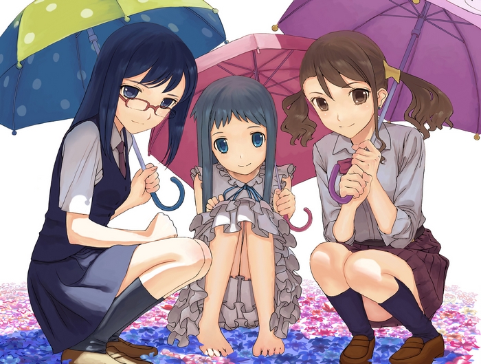 Naruko Anjou with friends under umbrellas
