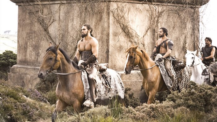Khal Drogo and Dothraki warriors on horseback