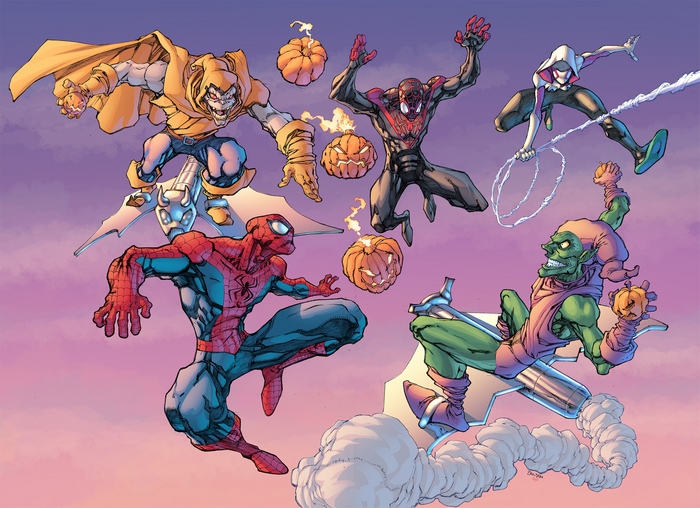 Spider-Man characters and Green Goblins with pumpkins