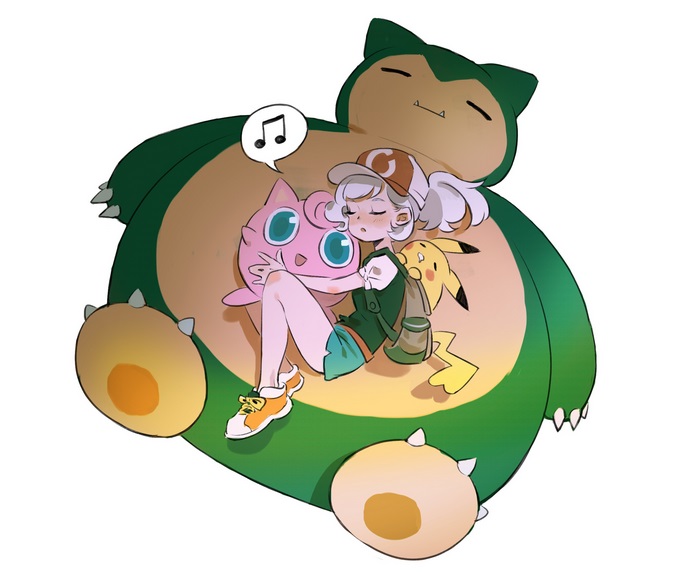 Girl sleeping with Jigglypuff and Pikachu on Snorlax