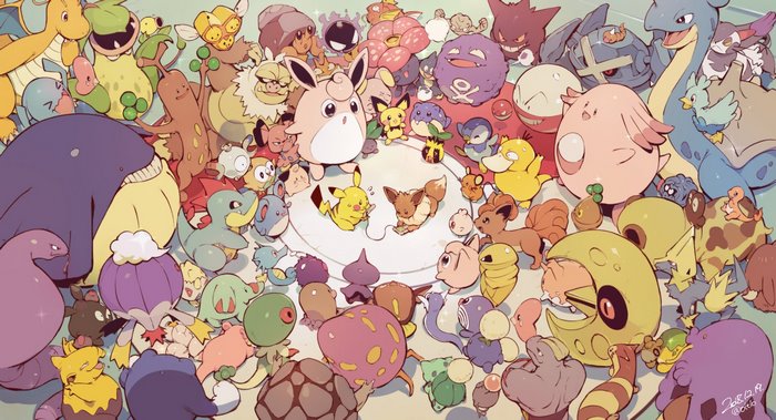 Pokemon group illustration with Jigglypuff and Pikachu