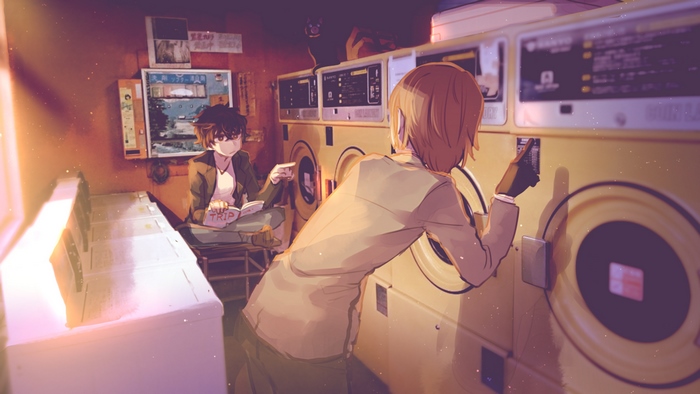 Morgana from Persona in a laundromat