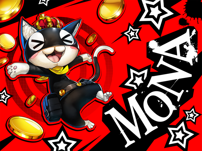 Morgana from Persona wearing a crown with coins
