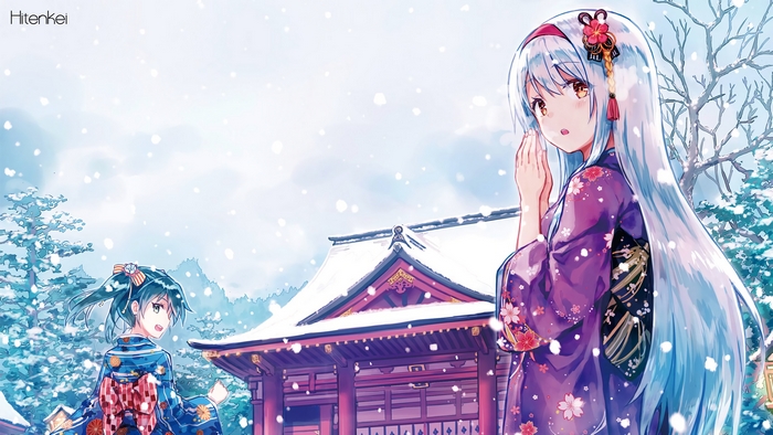 Two anime girls in kimonos in the snow