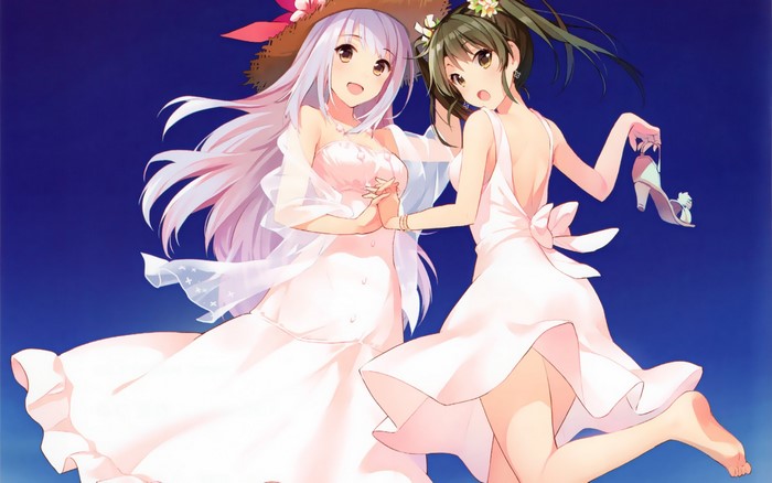 Two anime girls in white dresses
