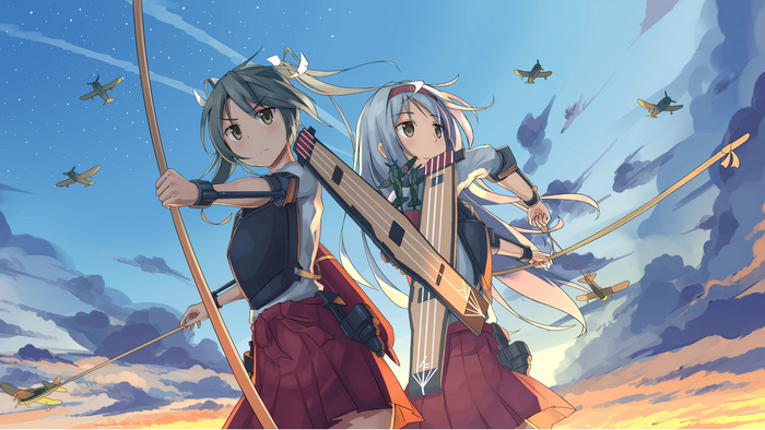 Two anime girls with bows and planes in the sky