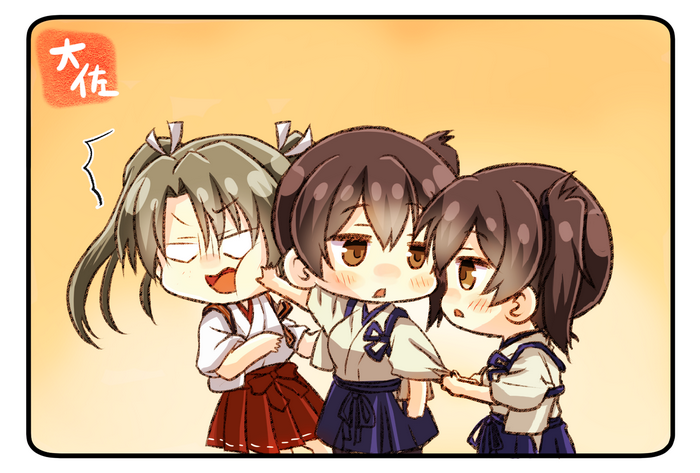 Three girls in sailor uniforms, one pulling another's sleeve