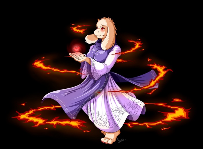 Toriel from Undertale holding a heart