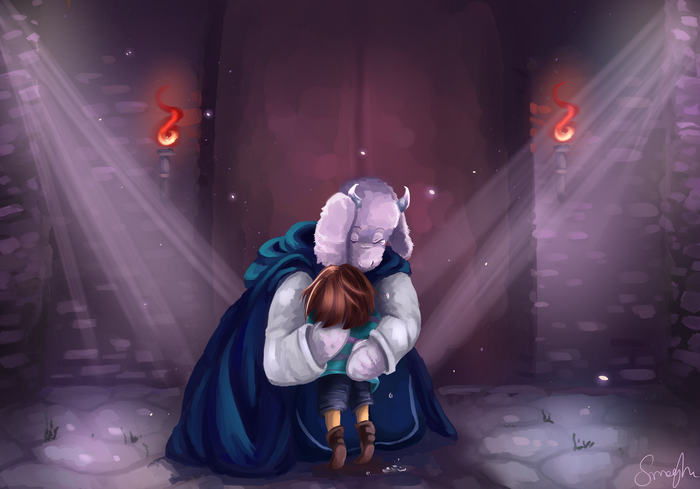 Toriel and Frisk from Undertale hugging