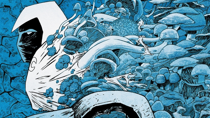 Moon Knight surrounded by mushrooms