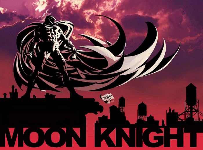 Moon Knight standing on a rooftop at sunset