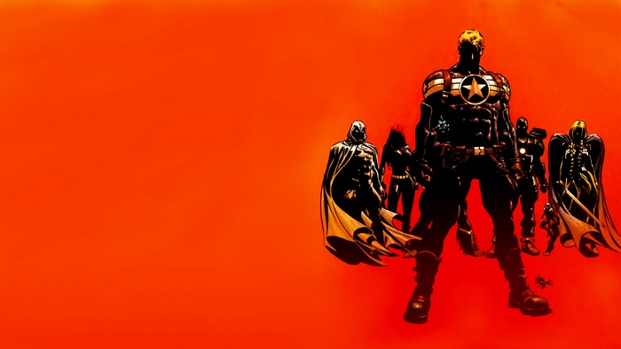 Moon Knight and other Marvel characters on orange background