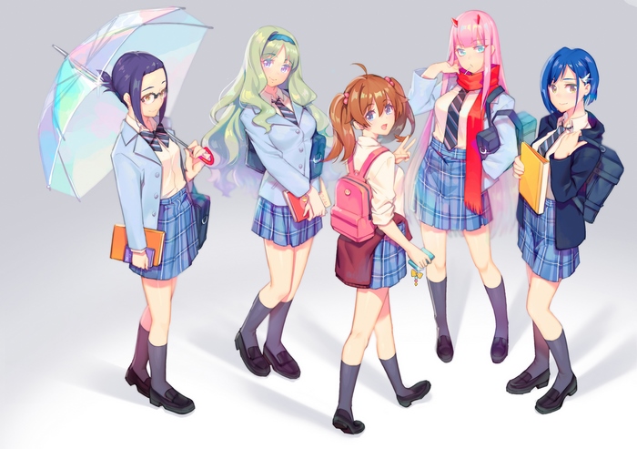 Five anime girls in school uniforms with books and umbrellas