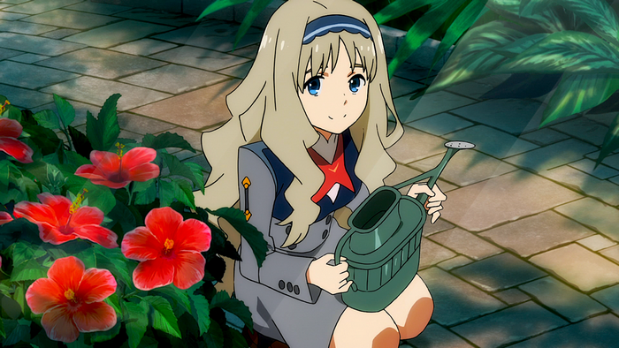 Kokoro from Darling in the Franxx watering flowers
