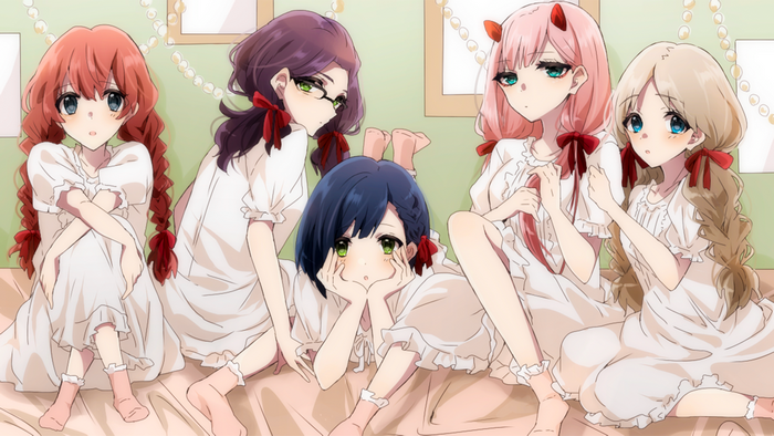 Five girls in nightgowns on a bed
