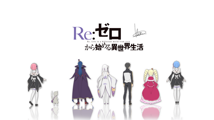 Re:Zero characters Ram, Puck, Roswaal, Emilia, Subaru, Beatrice, and Rem