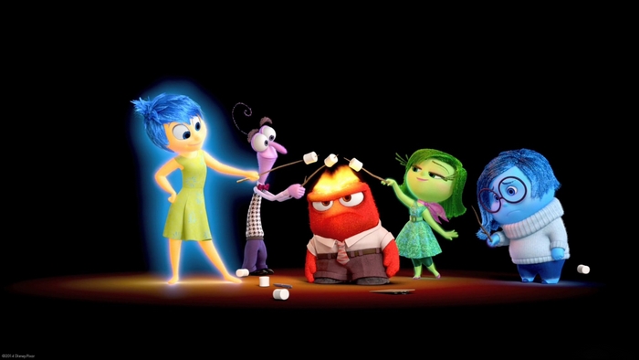 Characters from Inside Out roasting marshmallows