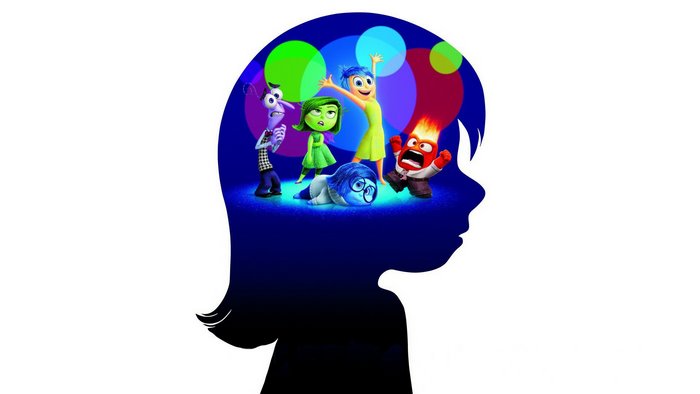 Inside Out characters inside a silhouette of a girl's head