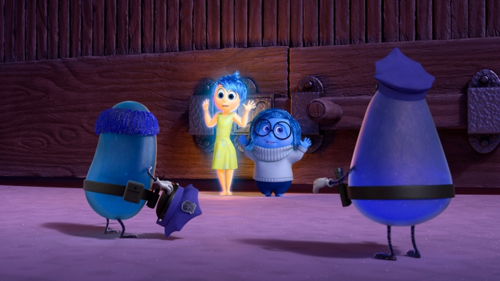 Joy and Sadness Facing Cute Blue Police Characters