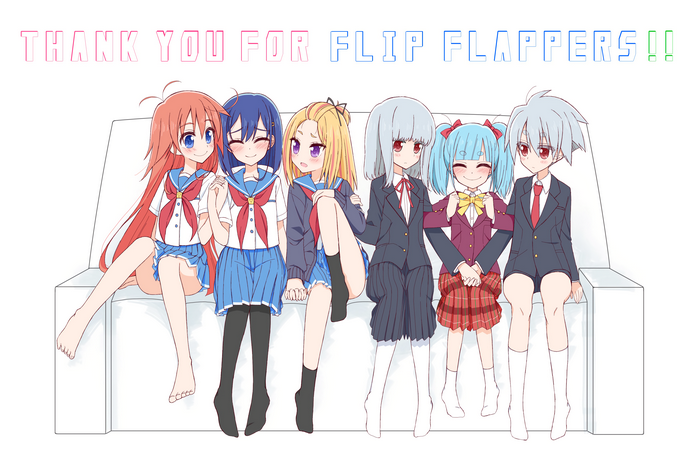 Flip Flappers characters on a couch