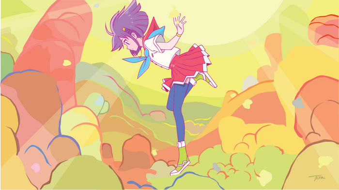 Kokona from Flip Flappers in a surreal landscape