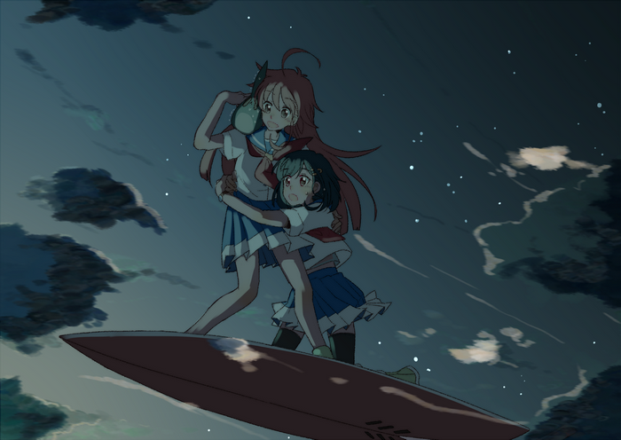 Kokona from Flip Flappers on a surfboard