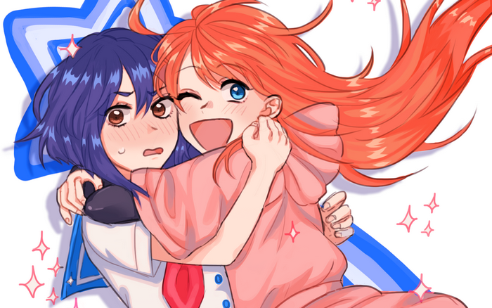Kokona from Flip Flappers hugging another girl