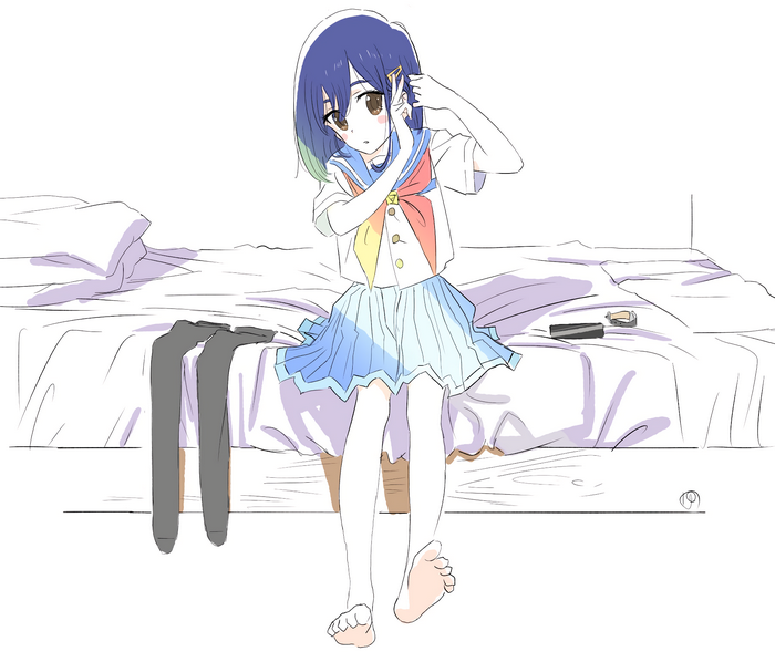 Kokona from Flip Flappers sitting on a bed