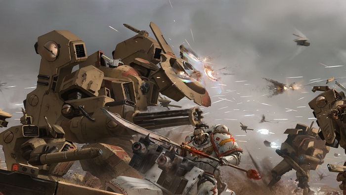 Space Marines fighting in a battle with mechs