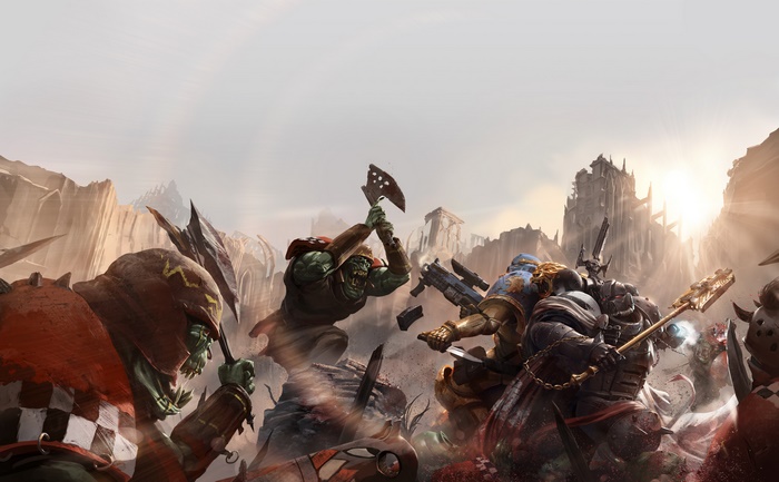 Space Marines fighting Orks in a desolate landscape