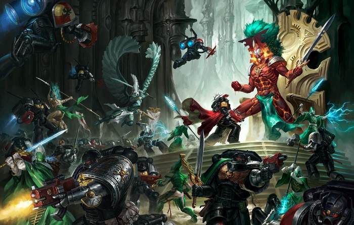 Space Marines fighting Eldar in a grand hall