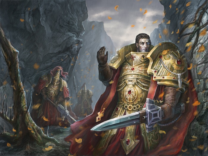 Space Marines in a rocky, autumnal landscape