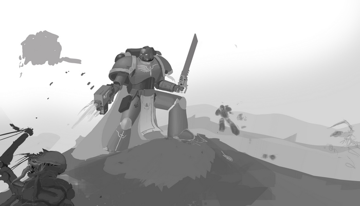 Space Marine with sword and bolter in battle