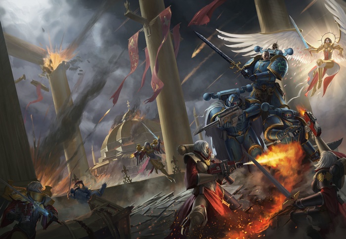 Space Marines fighting in a war-torn city
