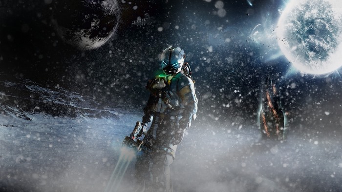 Isaac Clarke from Dead Space in a snowy alien landscape